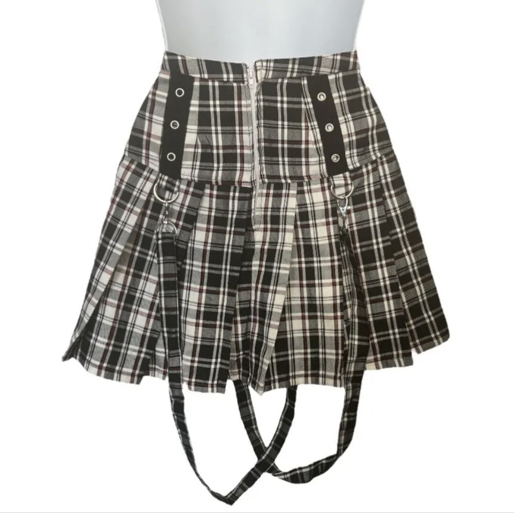 Hot Topic Pleated Plaid Pink Blue and Black Mini Skirt with Suspenders size L